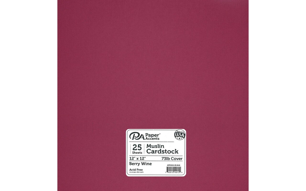 PA Paper Accents Muslin Cardstock 12" x 12" Berry Wine, 73lb colored cardstock paper for card making, scrapbooking, printing, quilling and crafts, 25 piece pack
